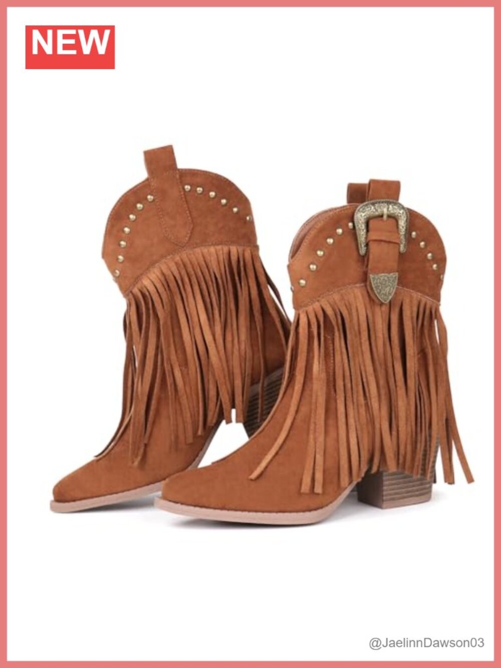Suede Fringe Snip Toe Western Ankle Booties Studded Block Heel